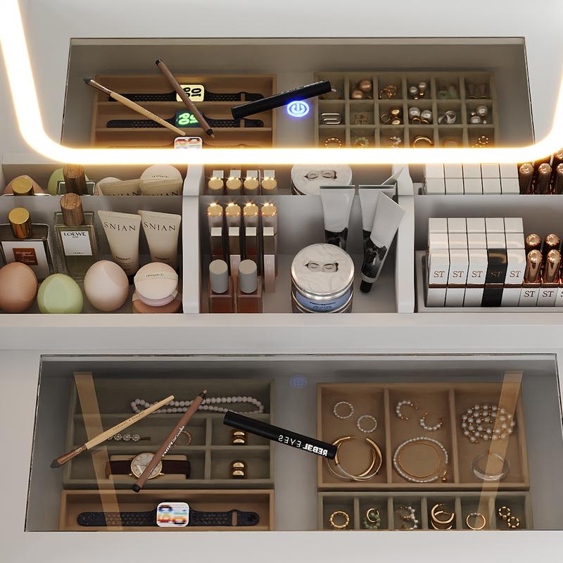 FUSOU 11 Drawers Makeup Vanity with Charging Station, Vanity Desk with LED Mirror & 2 Glass Cabinet, 3 Color Modes, Brightness Adjustable, Glass Top, Dressing Table with Chair for Bedroom (11 Drawers)