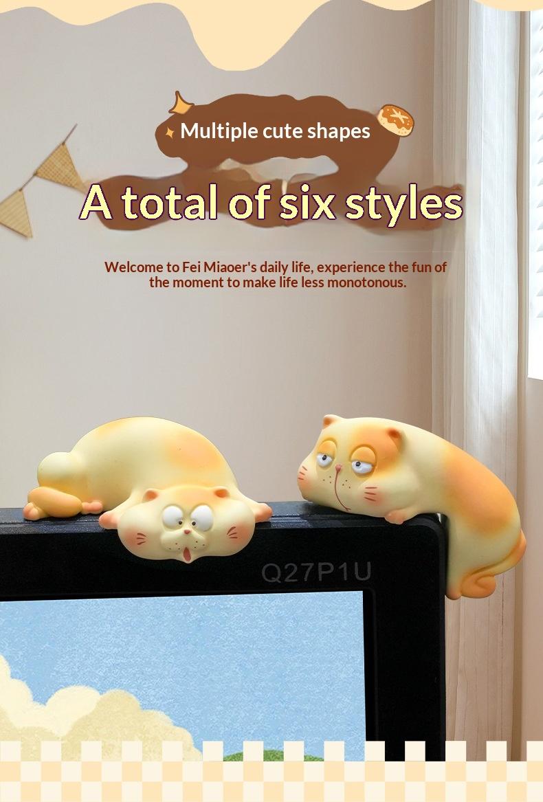 Funny Fat Cat Monitor Sitter Set - 6Pcs Cute Chubby Kitty Computer Topper, Desktop Ornament for Office Desk Decor, Stress Relief Gift for Cat Lovers & Coworkers