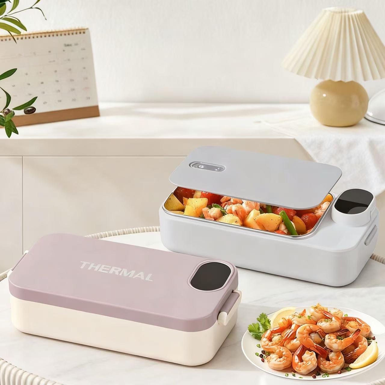 Portable Electric Heating Lunch Box with Smart Display & Constant Temp - 304 Stainless Steel, Rechargeable for Car, Office, Students & Truck Drivers