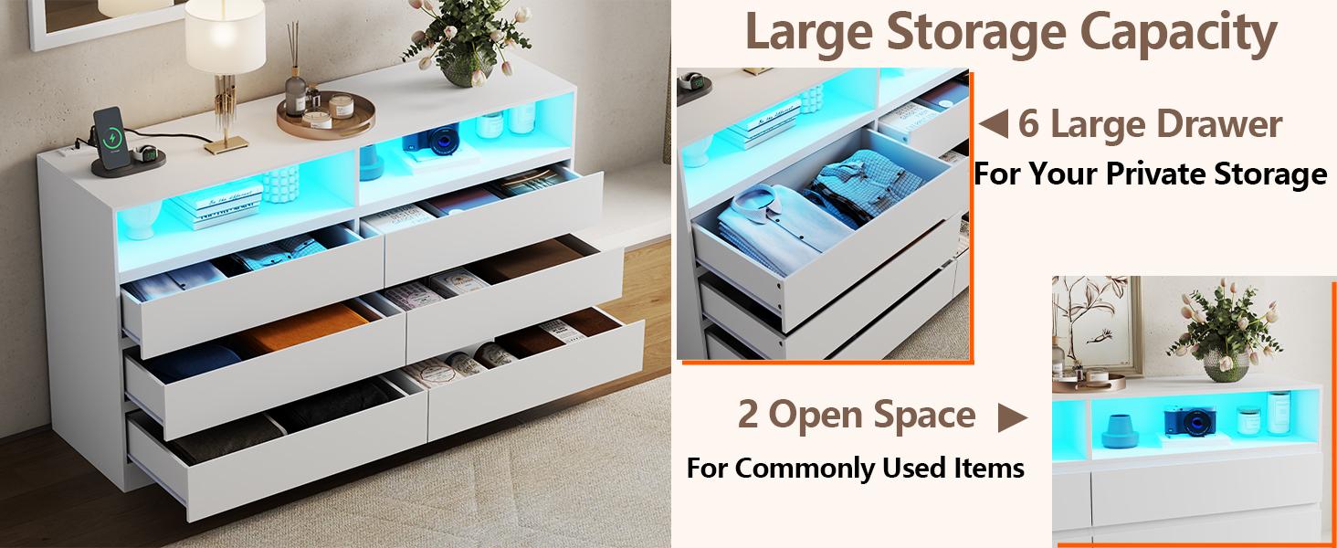 Modren Drawer Dresser with Full Length Mirror 48"x16" ,6 Drawer Dresser with LED Light, Wide Chests of Drawers with Power Outlet,White Storage Dressers for Bedroom, Living Room, Hallway(White) bedroom dresser