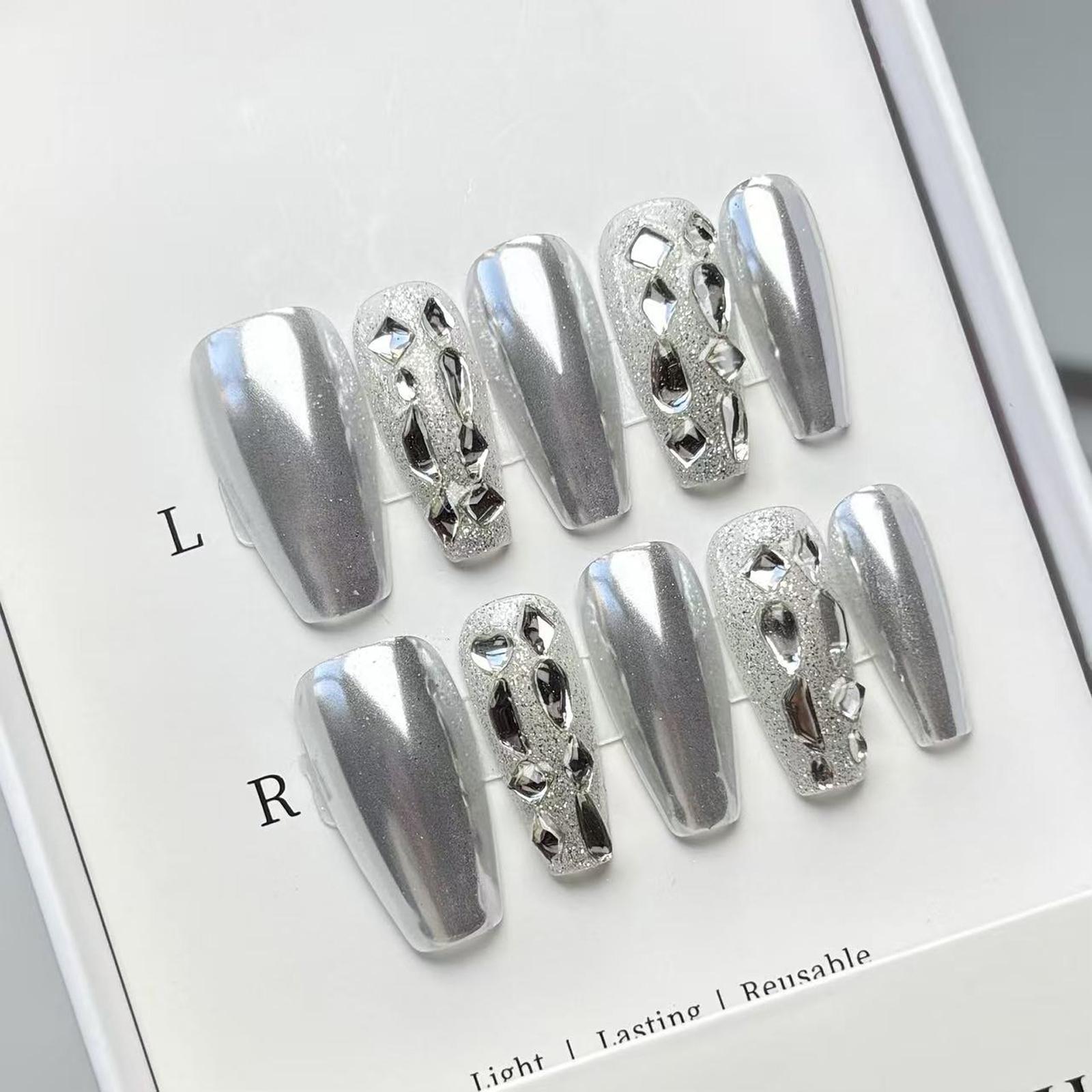 Obsessed With This Edgy Vibe! Custom Full Chrome Silver Press On Fake Nails, Exquisite Hand-Pailed Sparkling Mixed Rhinestone Design, TikTok Viral Hit