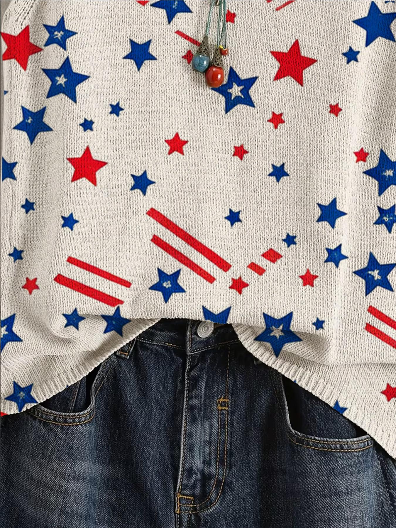 Women's Independence Day Geometric Star Print Round Neck Sweater Vest, Casual Sleeveless Knit Top, Comfortable Breathable Clothing