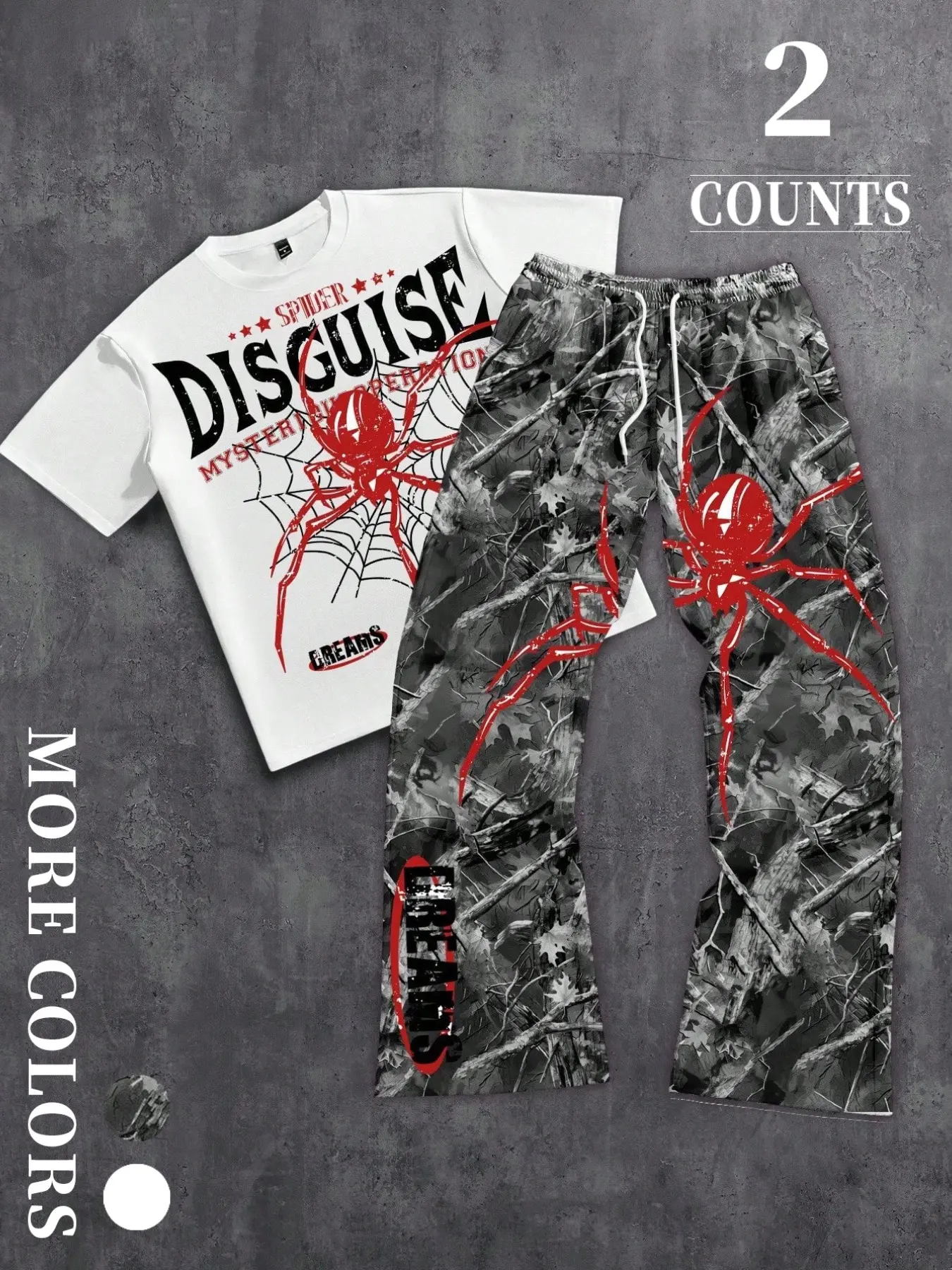 2 Piece Outfits Set,Short Sleeve Crew Neck T Shirt And Camo Wide Leg Pants Matching Suit,Red Spider DISGUISE Letter Graphic Tee And Camouflage Printed Drawstring Trousers,Y2K Gothic Streetwear Casual Tracksuit For Men Trendy Summer Daily Street Outfit