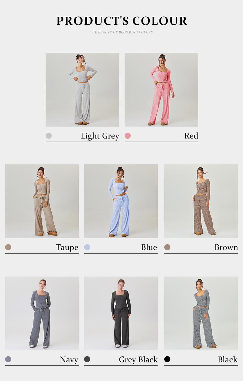 KatchMe Women's Slouchy Square Neck Stripe Long Sleeve Crop Top & Low-Rise Wide Leg Trousers Co-ord, Minimalist Two Piece Outfits, Cozy Womenswear(US/CN) KatchMe Women's Slouchy Square Neck Stripe Long Sleeve Crop Top & Low-Rise Wide Leg Trousers Co-ord, Minimalist Two Piece Outfits, Cozy Womenswear(US/CN)