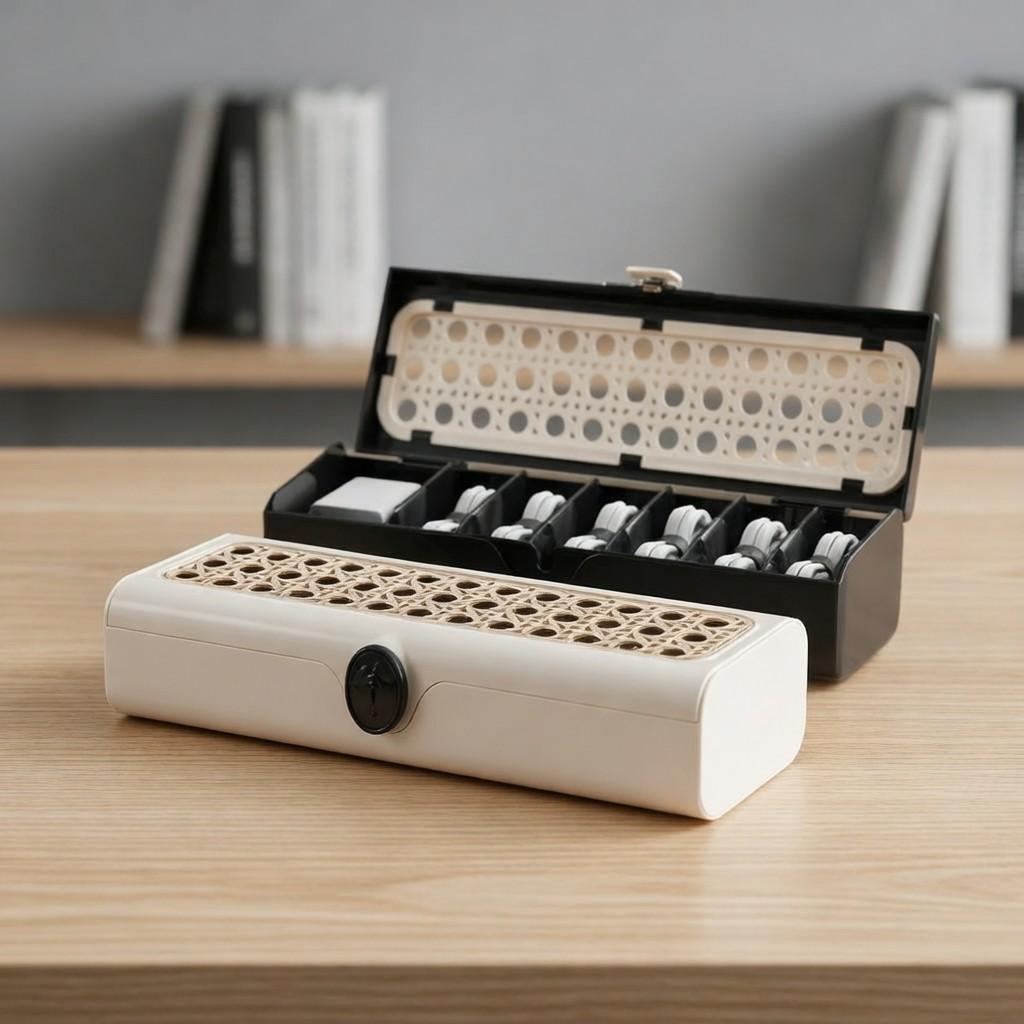 Vintage Woven Style Retro Flip-Top Storage Box, Adjustable Compartments, Data Cable Organizer, Desktop Wire Management, Universal Setting