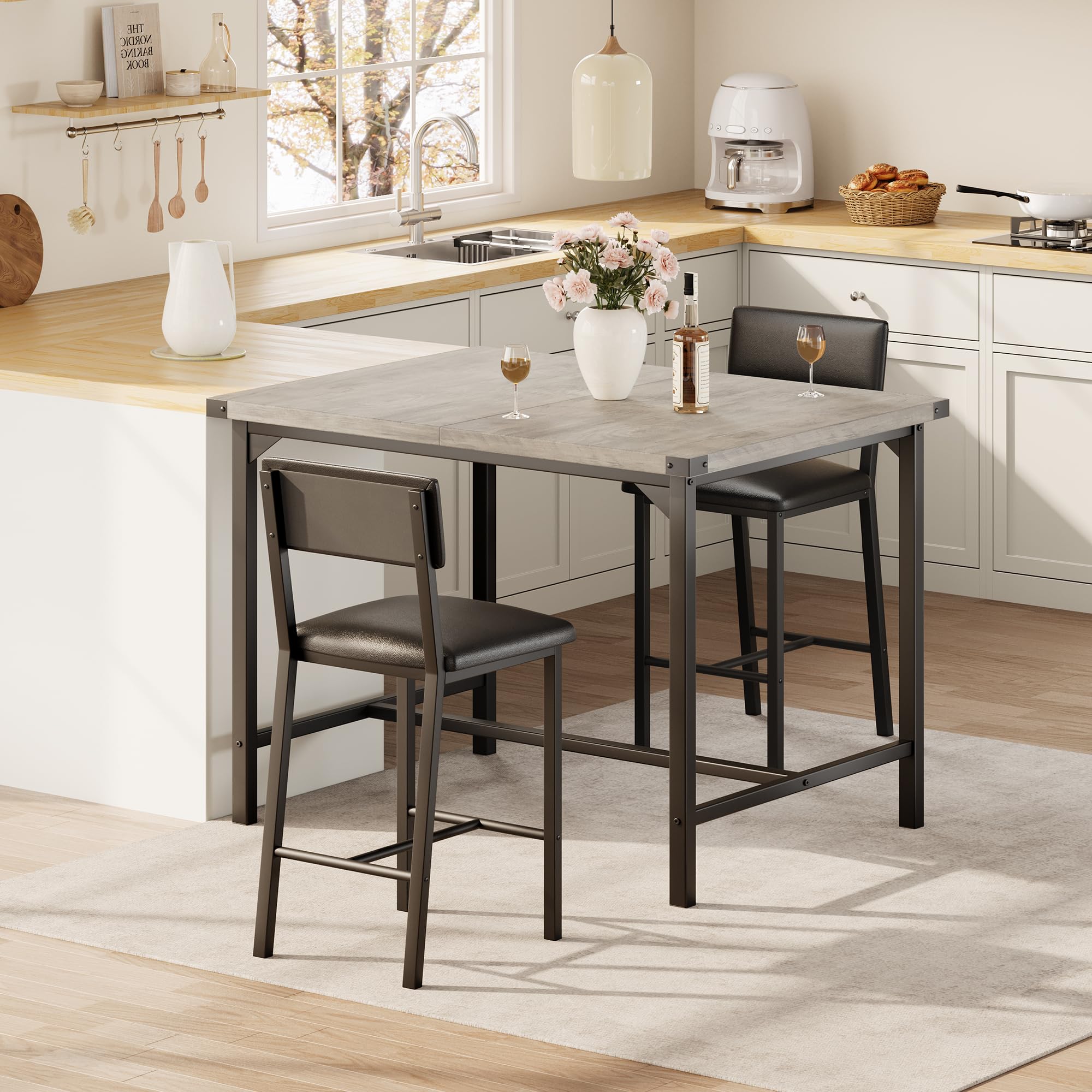 Dining Table Set for 2 w/Counter Height Table & 2 Upholstered Bar Stools, 3-Piece Kitchen Table Set with Footrest & Corner Protector, for Kitchen Room, Apartment