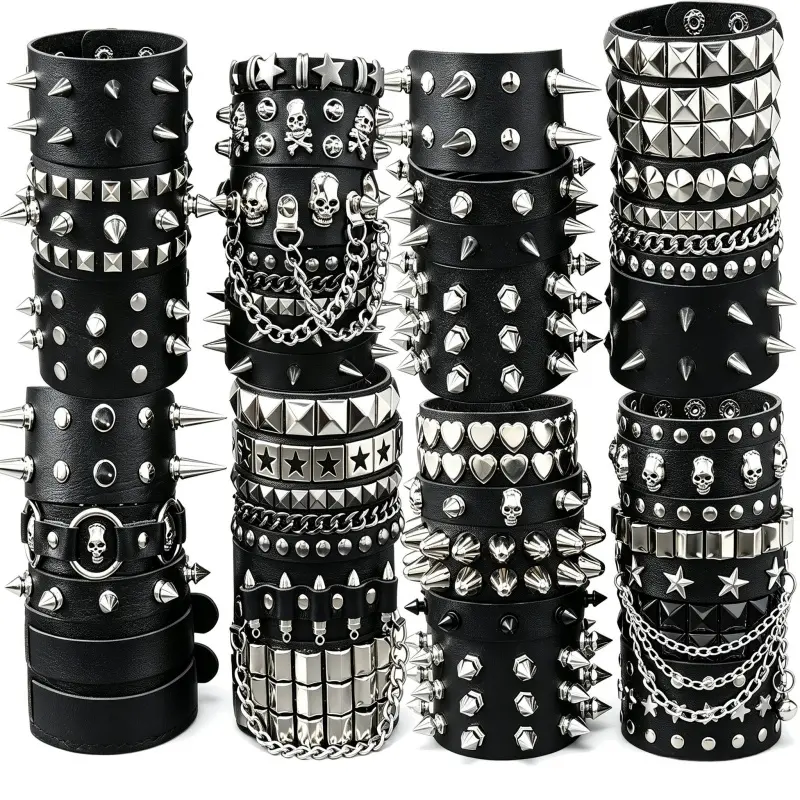 11/7/3Pcs Gothic Studded Bracelet, Emo Spiked Bracelets Y2k Black Pu Leather Rivet Punk Bracelet Rock Cuff Goth Bracelets Punk Accessories Halloween for Men Women