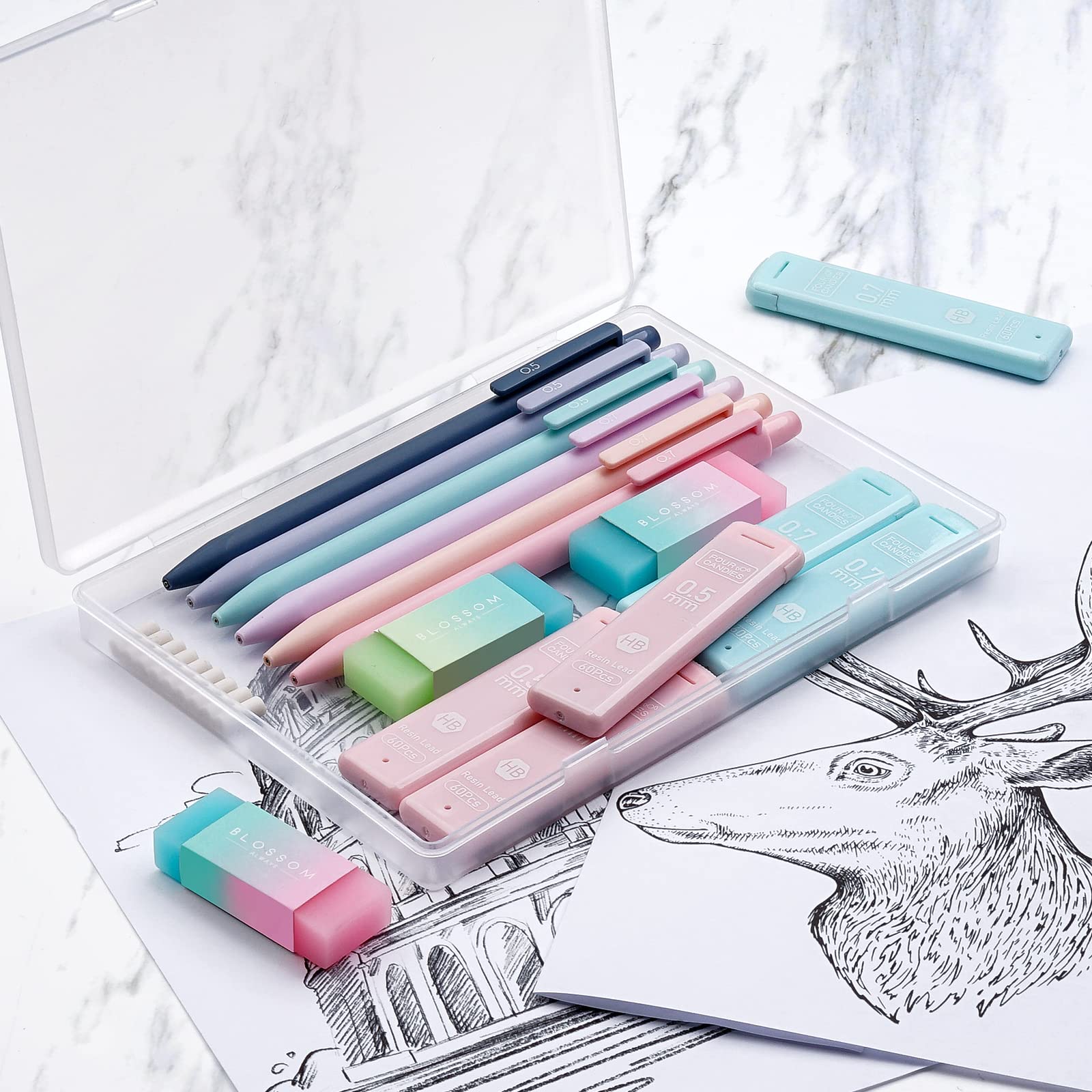 Four Candies Cute Mechanical Pencil Set, 6PCS Pastel Mechanical Pencils 0.5 & 0.7mm with 360PCS HB Leads, 3PCS Erasers and 9PCS Eraser Refills, Aesthetic School Supplies for Girls Writing Art Materials