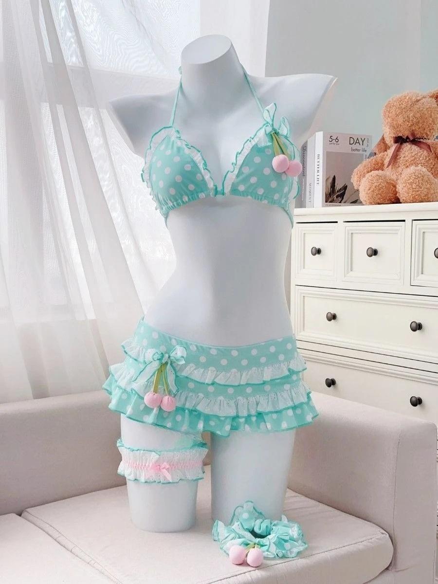 Women Y2k Sweet Bikini Set Japanese Kawaii Print Ruffles Lolita Swimsuit Crop Top + Skirt Two Piece Swimwear Beach WearBeach photography