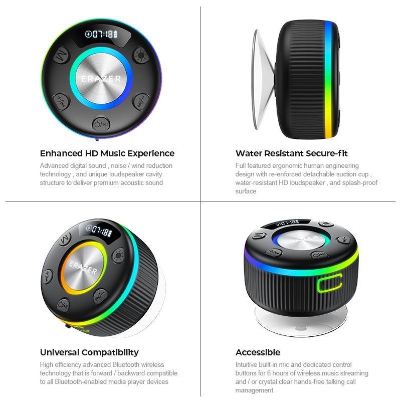 ERAZER XM102 Waterproof Shower Bluetooth Speaker Portable Wireless Speaker with Suction Cup IPX6 Waterproof Speaker Suitable for home/party/outdoor/beach, electronic products, birthday gifts