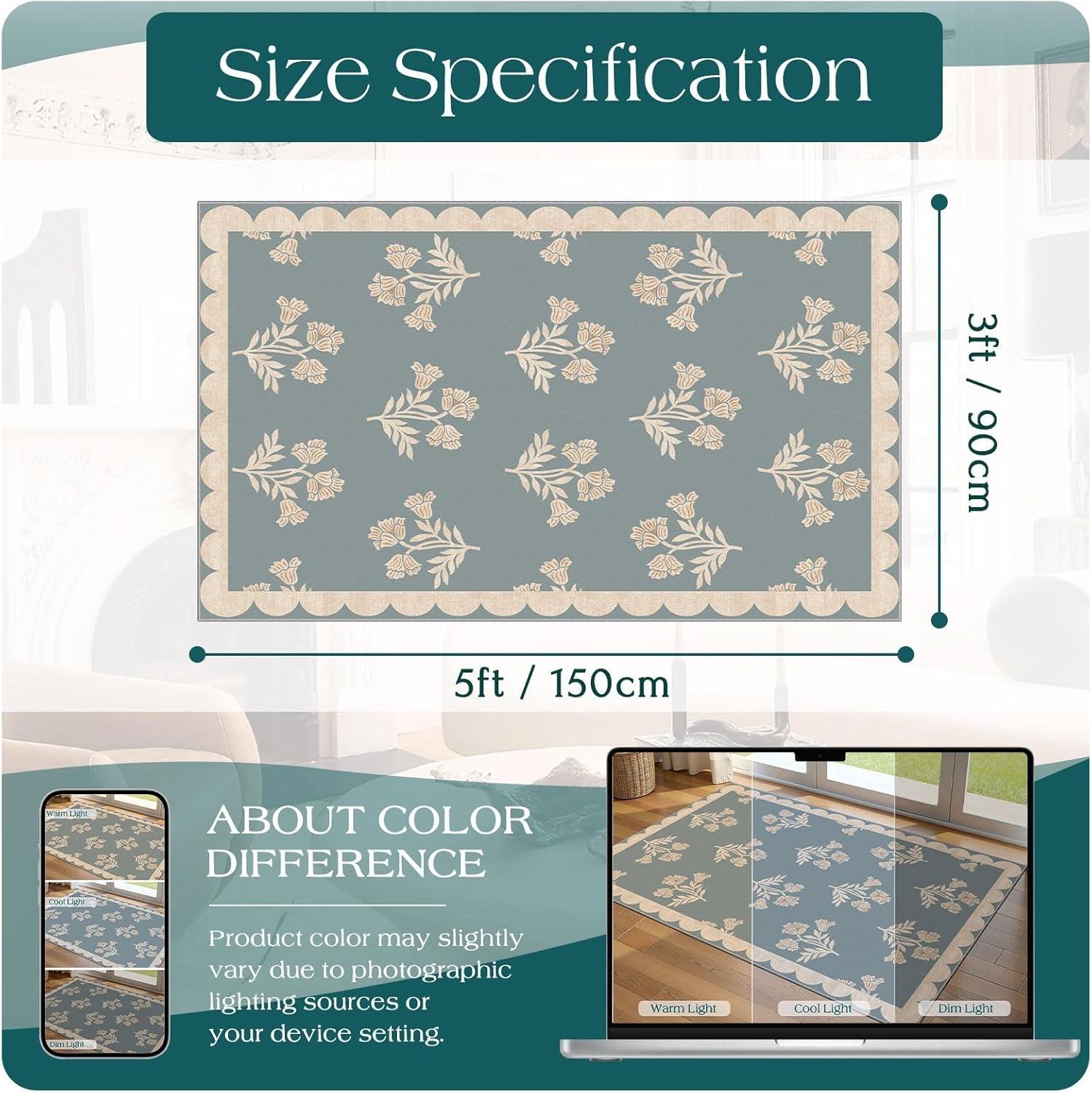 2'×3' Floral Non-Slip Washable Doormat, Blue Retro Farmhouse Scalloped Entry Rug for Front Door, Entryway, Kitchen and Front Porch, Indoor and Outdoor Decorative Mat, Home Decor Mat