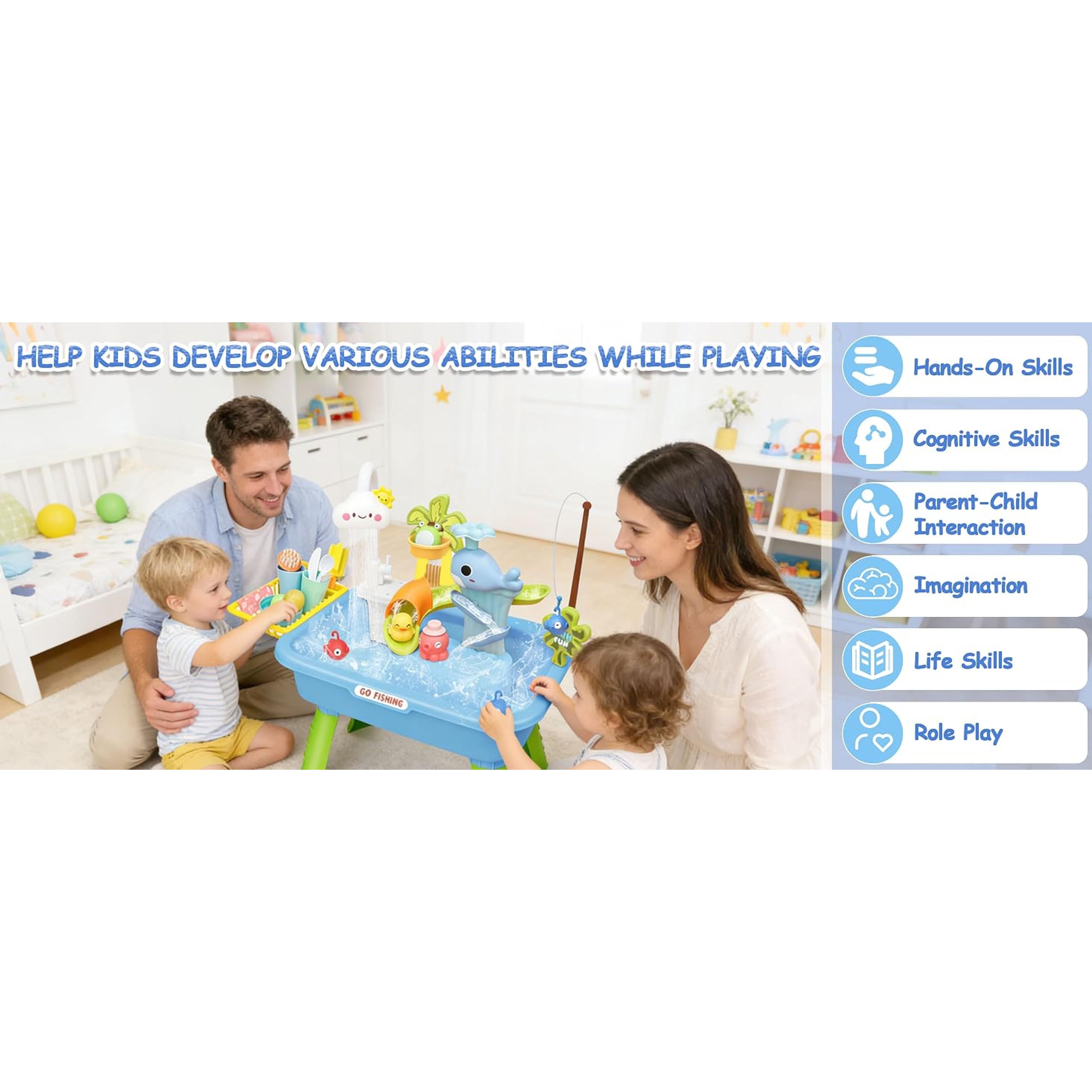 4-in-1 Electric Water Table for Toddlers 1-5, Kids Play Sink with Running Water & Cloud Faucet, Sensory Toddler Water Activity Table with Fishing Game, Outdoor/Indoor Toy Gift for Boys & Girls