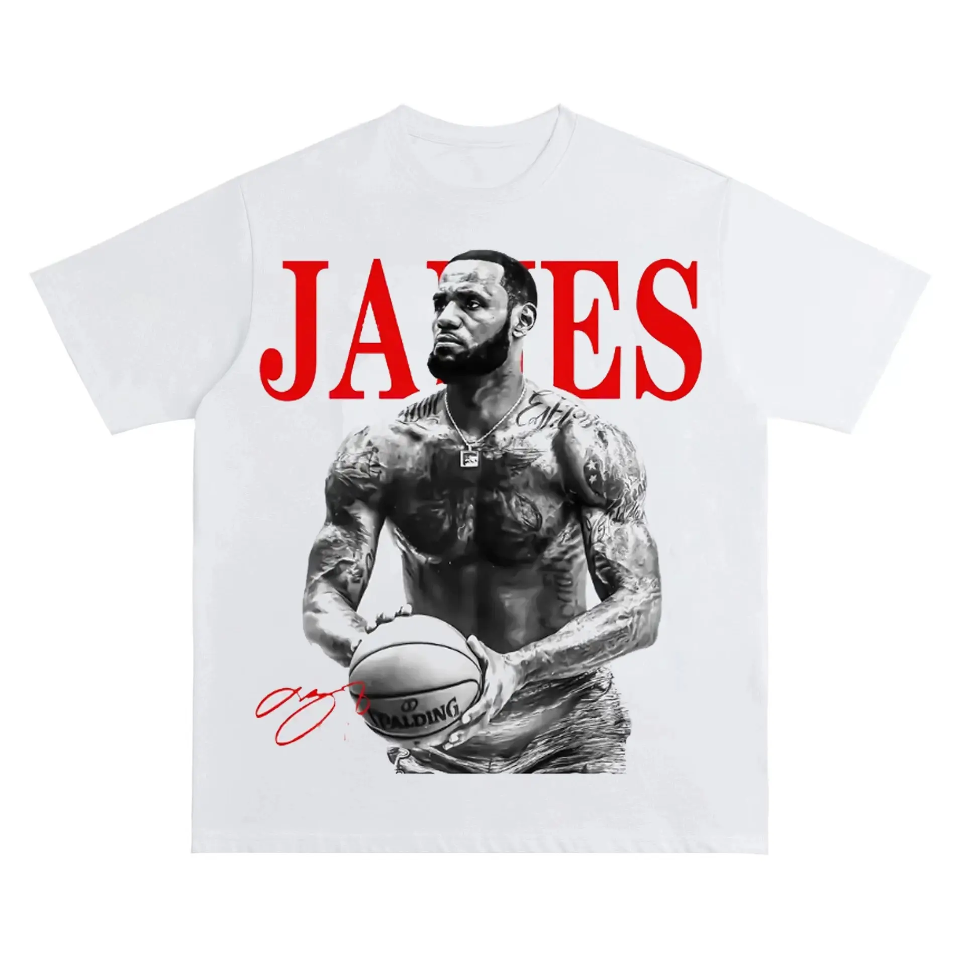 Men's Loose Retro Sports Cotton T-shirt - Short-Sleeve Menswear Top, White Body with Grayscale Basketball Graphic & Red Lettering, Ideal for Basketball Game Viewing & Hip-Hop Outfits, Shortsleeve