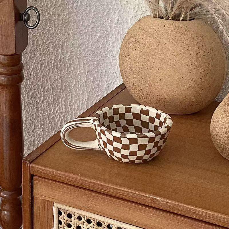 Elegant Ceramic Coffee Cup with Chessboard Pattern, Breakfast Latte Mug, Summer Milk Glass, Home Kitchen Essentials, Birthday Gift