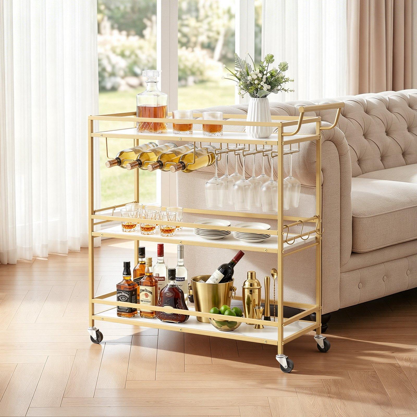 VEVOR Bar Cart Organiser, 3-Tier Modern Rolling Utility Station with Locking Wheels, Engineered Wood Shelf, Wine Rack, Glass Holder, for Bar Service & Outdoor Events, 35.83x12.99x36.81in Gold VEVOR Bar Cart Organiser, 3-Tier Modern Rolling Utility Station with Locking Wheels, Engineered Wood Shelf, Wine Rack, Glass Holder, for Bar Service & Outdoor Events, 35.83x12.99x36.81in Gold