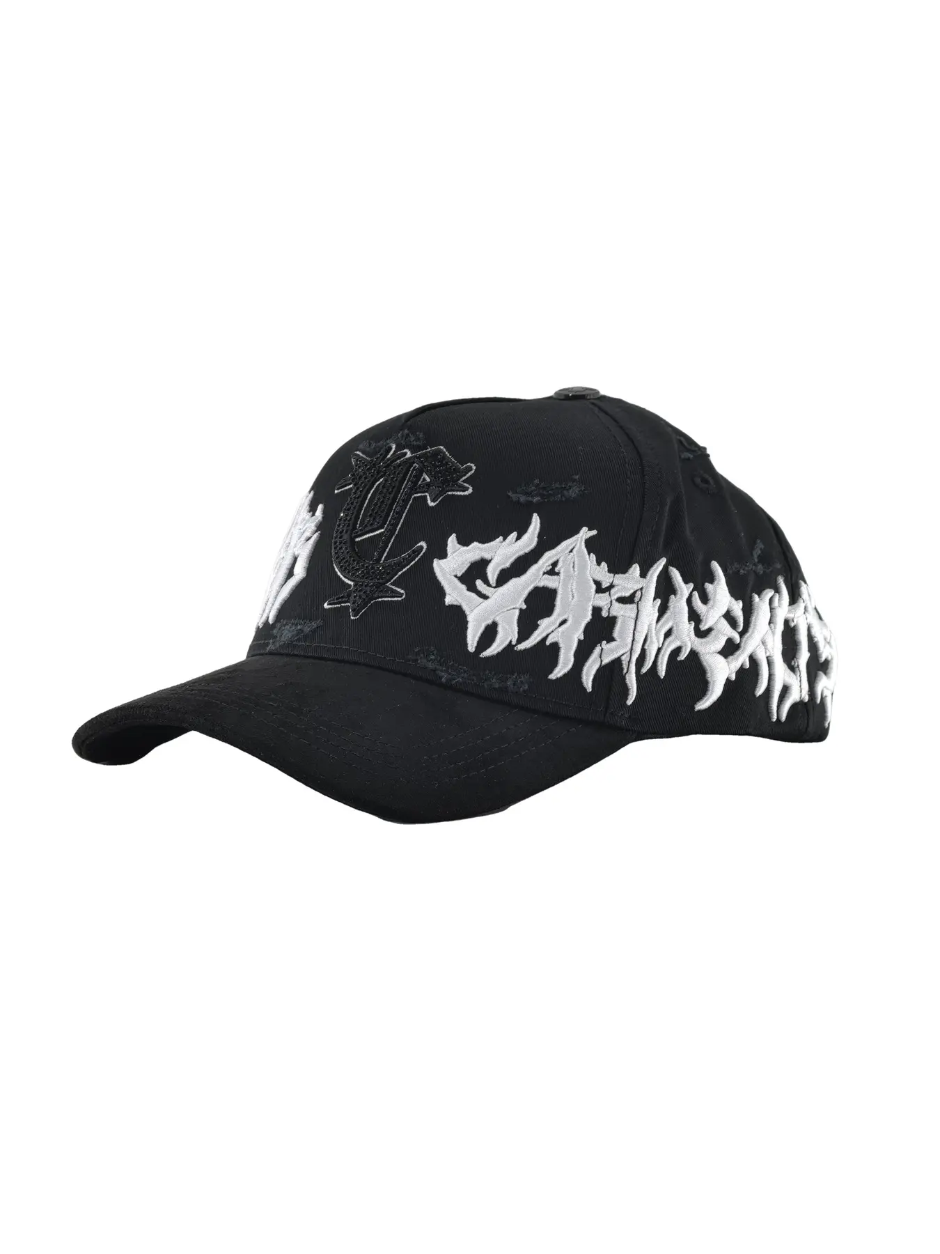 Beat up on purpose. Black twill frayed open with raw threads showing. Gothic monogram with a silver edge up front. White jagged flame script across the side. Tribal star hidden on the back. Worn in streetwear that means it. Distressed Hat