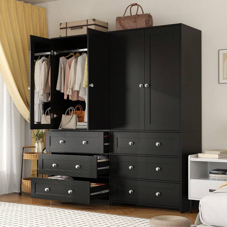 71" Large Wardrobe Closet With Mirror, Freestanding Bedroom Armoire With 3/6 Large Drawers & 2/4 Doors, Clothes Storage Organizer Cabinet For Bedroom