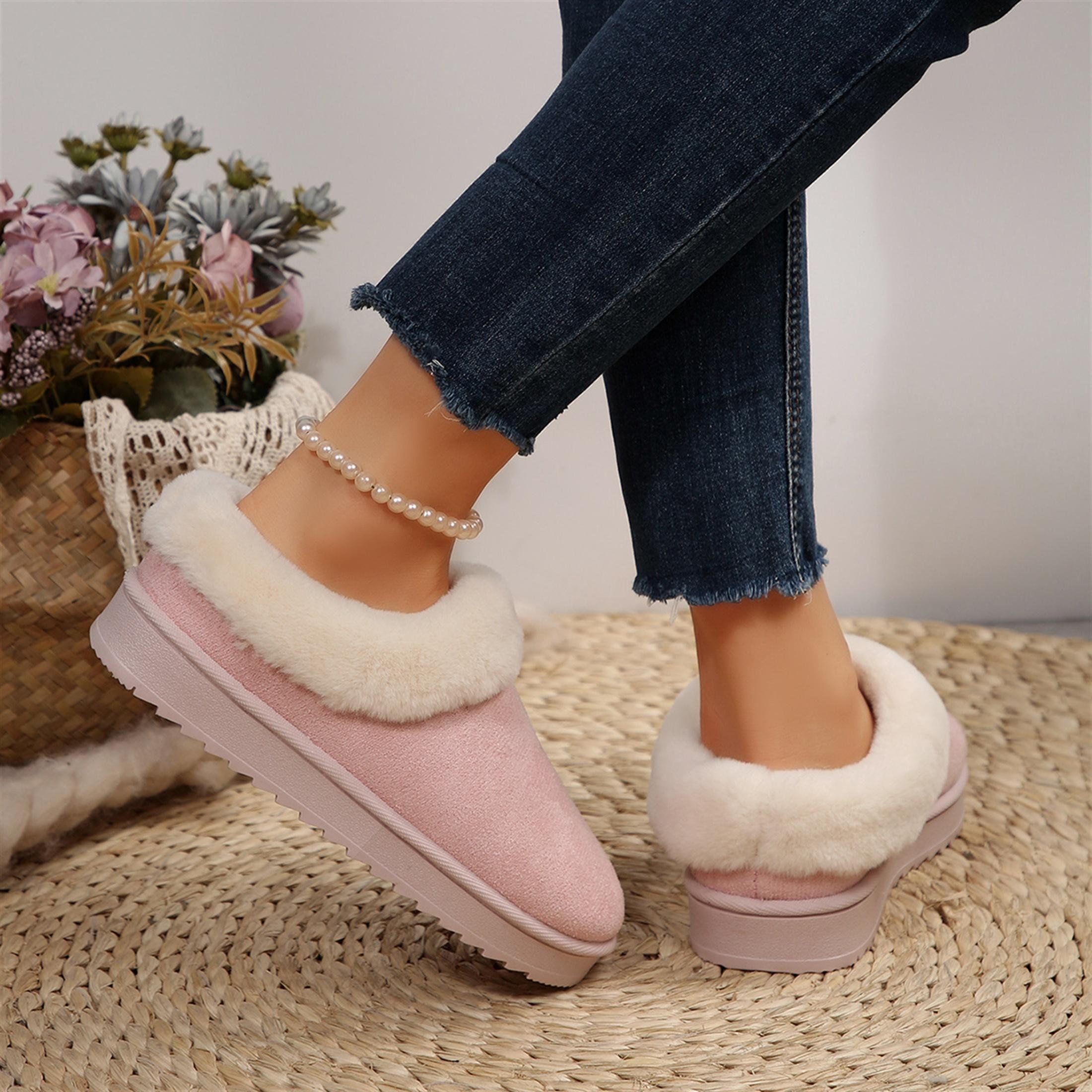 Winter Women's Thick Flat Slippers Suede Shoes Cozy  Warm Snow Shoes with Thick Soles and