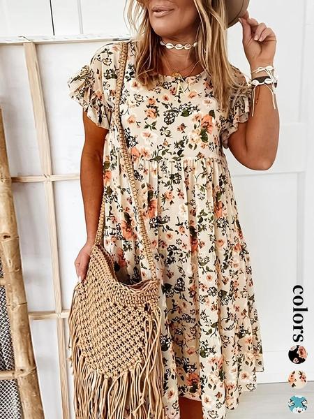 Women's Floral Print Ruffle Smock Dress, Casual Fashion Short Sleeve Round Neck Knee Length Dress for Summer, Women's Dress for Beach Holiday Vacation