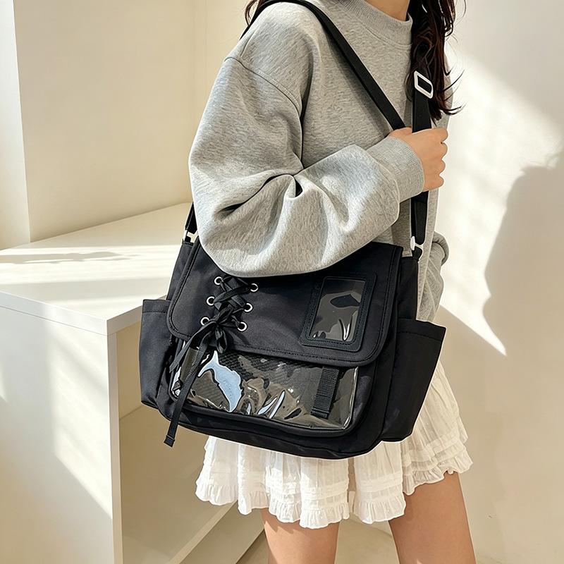 Women's Japanese School Style Canvas Shoulder Bag - Cartoon Theme, Zip Closure, Crossbody Strap, Ample Space for Casual Wear, Versatile Bookbag
