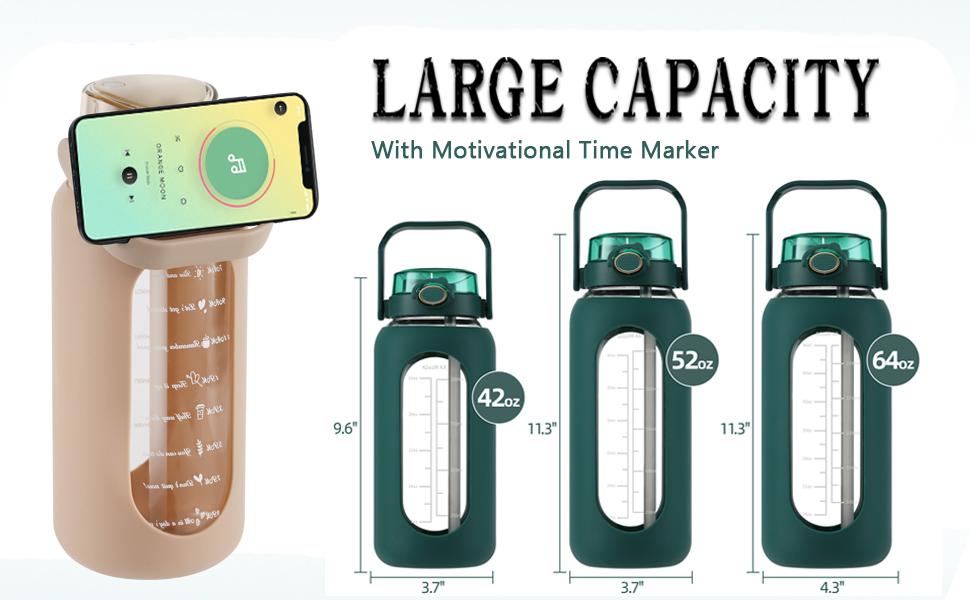 【WINSA】 64oz Glass Water Bolttles with Straw Half Gallon Large Motivational Water Bottle with Time Marker Sports Water Bottles with Silicone Sleeve and Handle Lid Water Jug for Gym Workout Leakproof Bpa Free Bottled Drinkware Cup