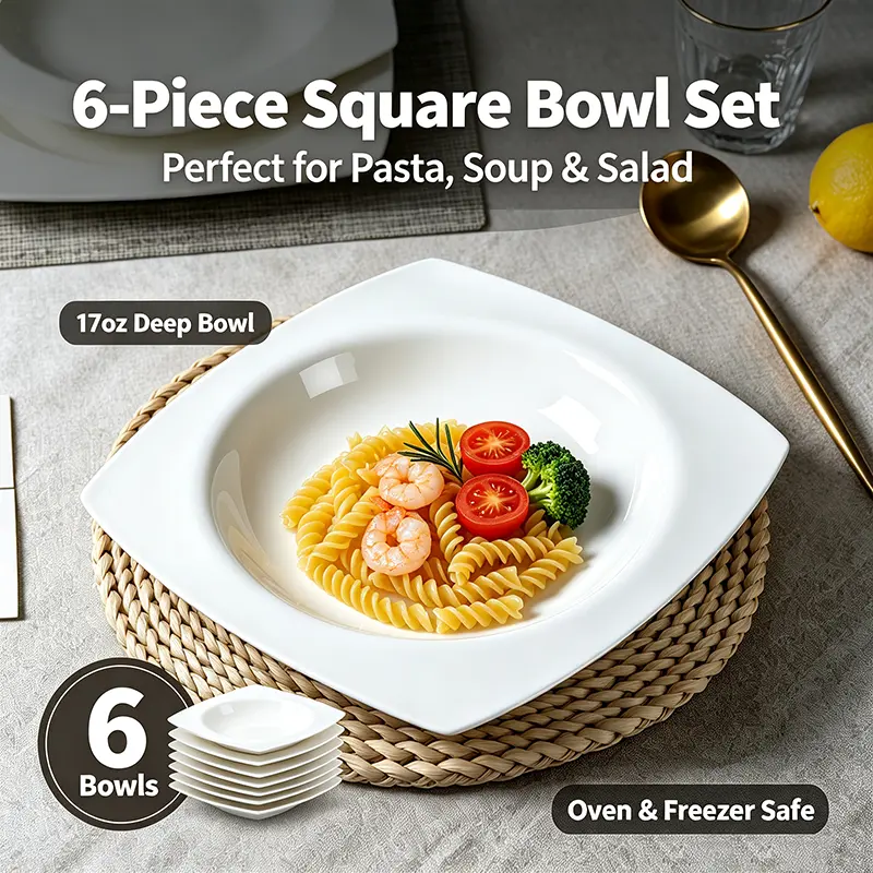 9.25 Inch Square Pasta Bowls Set of 6, 17oz White Porcelain Deep Dinner Plates, Microwave Dishwasher Safe Salad Soup Bowls, Stackable Serving Plates for Pasta, Salad, Soup, Steak, Pizza, Main Course, Oven & Freezer Safe