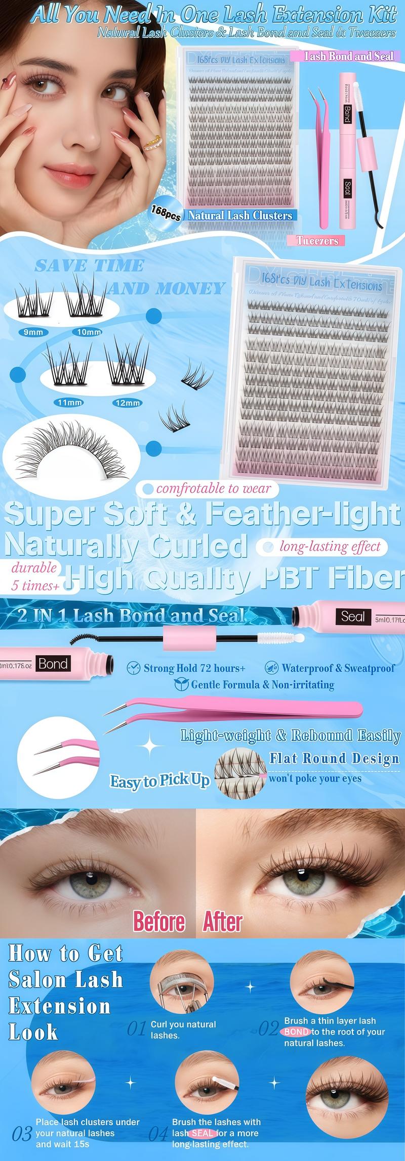 Natural Lash Extension Kit - 168 Pcs Wispy Eyelash Extensions 9-12MM with Bond & Seal Lash Glue & Eyelash Extension Tweezers for DIY at Home Makeup Cosmetic Lightweight Clusters Beginner Romantic Valentine's Day Gifts【Valentine's Day gifts】For wife d