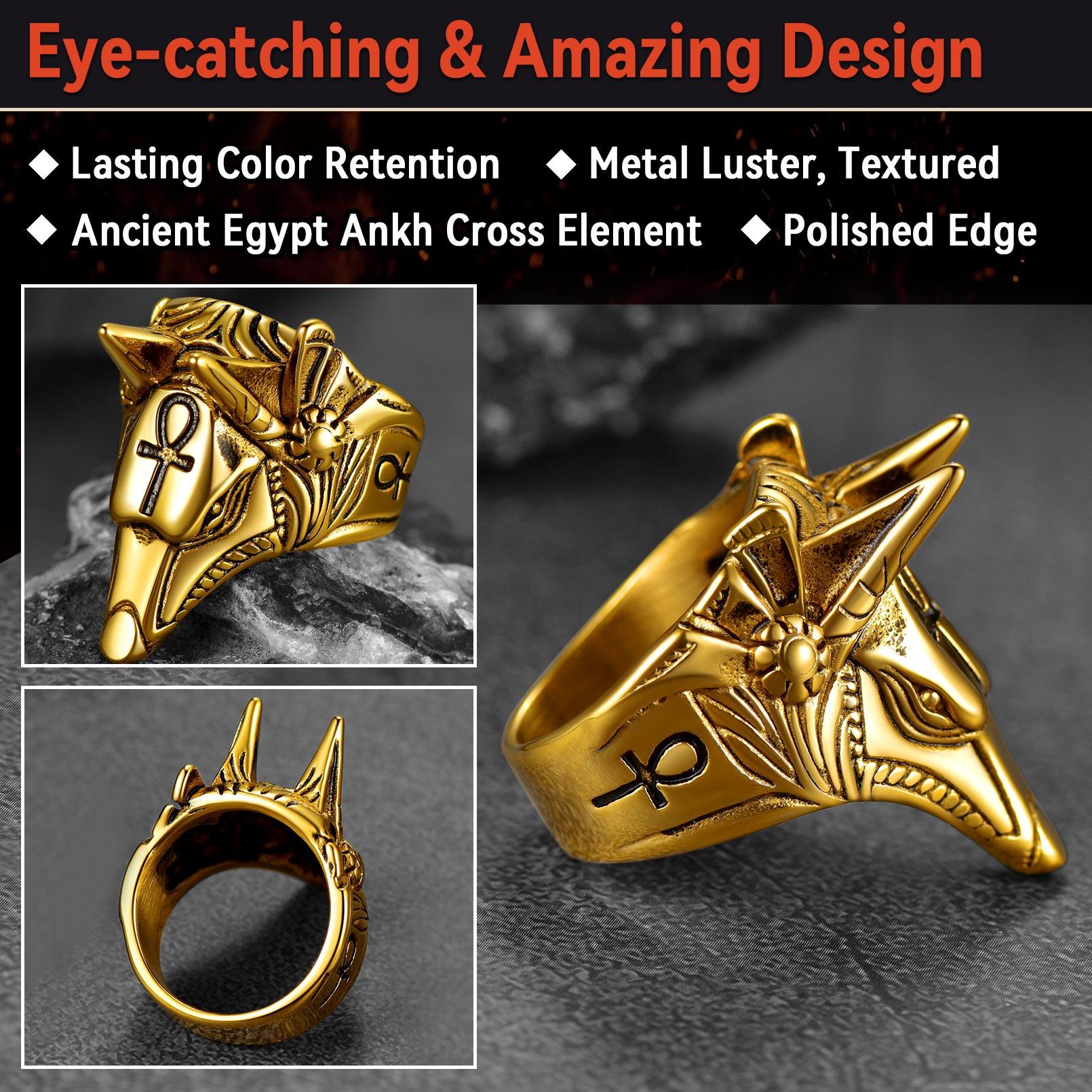 U7 Anubis Rings Vintage Ankh Cross Amulet Chunky Ring Ancient Egyptian Jewelry for Men