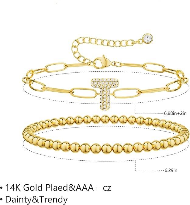 Tewiky 14K Gold Plated Layered Bracelets for Women - Trendy Cubic Zirconia A-Z Beaded Initial Letter Charm Bracelet Adjustable Paperclip Chain Bracelets for Women Jewelry Gifts Dainty For Valentine's Day gifts Tewiky 14K Gold Plated Layered Bracelets for Women - Trendy Cubic Zirconia A-Z Beaded Initial Letter Charm Bracelet Adjustable Paperclip Chain Bracelets for Women Jewelry Gifts Dainty For Valentine's Day gifts