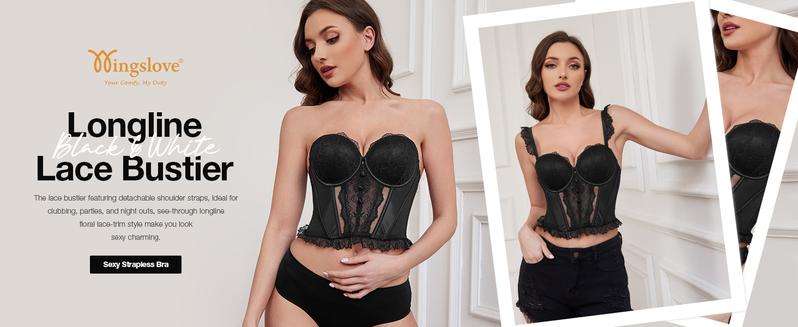 Wingslove Fashion Women's Strapless Bra Longline Lace Bustier Corset Push Up Boned Underwire Sexy Sheer Mesh Lace Trim Low Back Bra