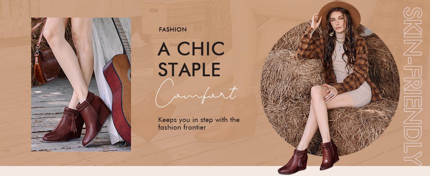 Coutgo Women's Western Wedge Ankle Boots Faux Suede Braided Fringe Strap 3 Inch Heel Fall Booties Dress Shoes Design