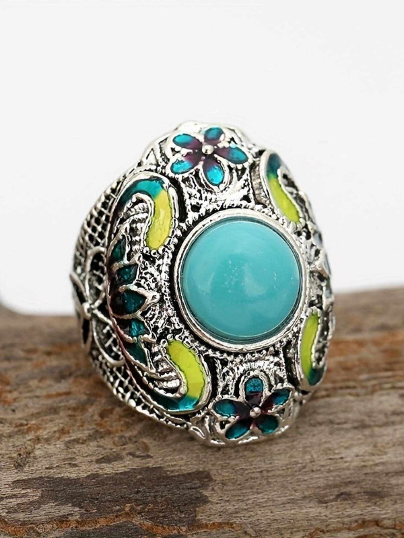 Women's Vintage Elegant Floral Texture Turquoise Ring, Wedding Engagement Party Jewelry Gift, 1pcs Fashion Accessory