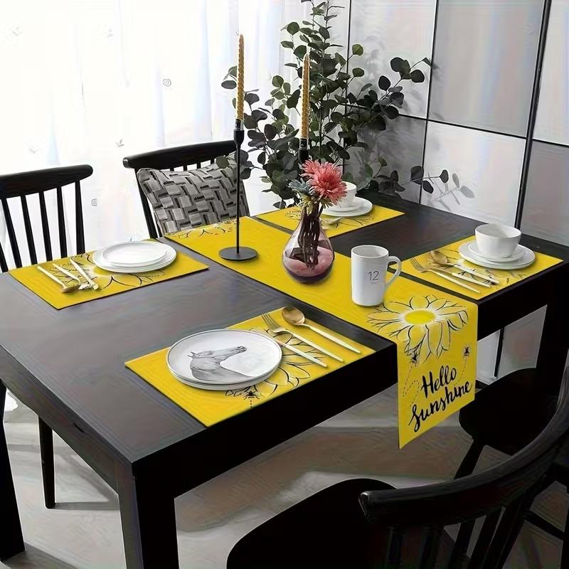5/7-piece table flag+placemat combination Set, Decorative summer sunflower pattern design, Home Decor, suitable for kitchen, dining room, living room and indoor/outdoor wedding decoration