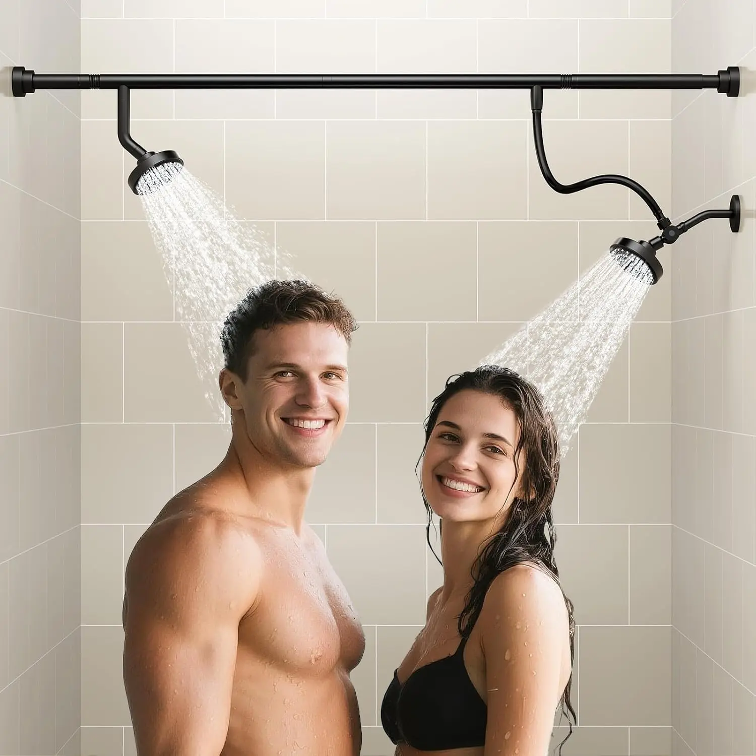 Dual Shower Head for Couples, Double Showerheads (Black) | High Pressure, Two Showerhead System Fit 2 Person People, Birthday Gifts for Women Men, Spa-Like, Segmented Design