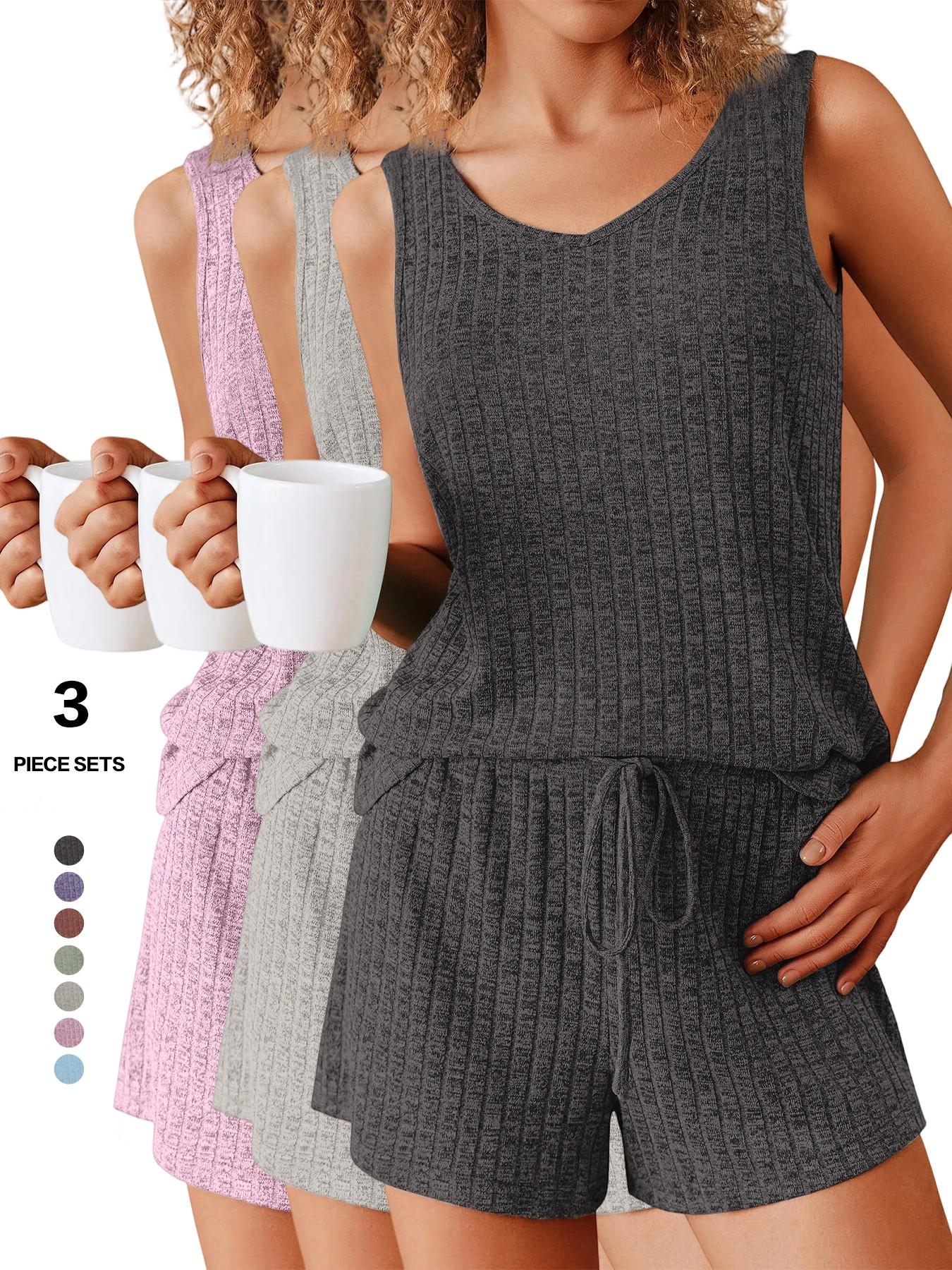 Women's 2-Piece Sleeveless Summer Pajamas Set, Ribbed Knit Tank & Shorts, Casual Fitted Elastic Design, Solid Color Loungewear