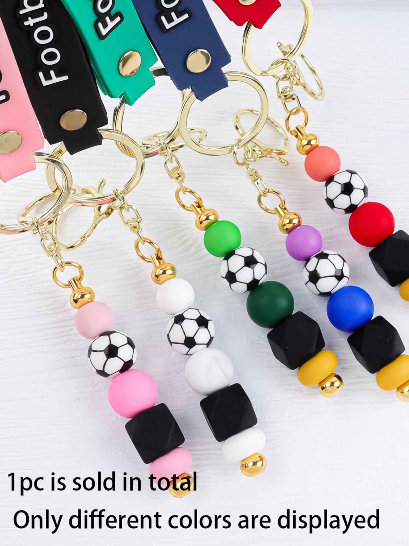 Trendy Soccer Beaded Keychain with Wrist Strap, Perfect Gift for Football Lovers, Silicone Beaded Keychain, Sports Style Soccer Bag Charm