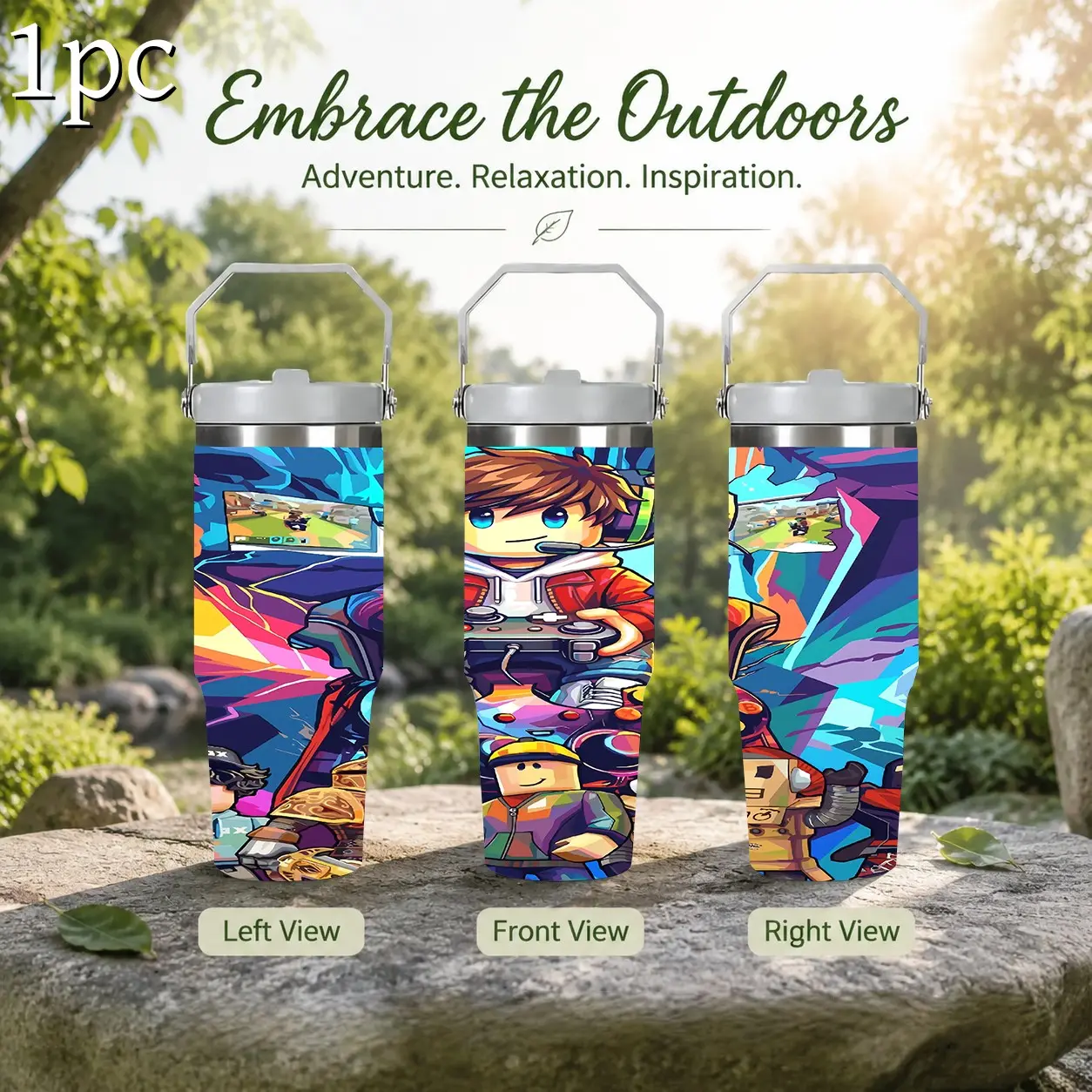 1pc 30oz Roblox Gamer‑Boy Art Print Insulated Sports Water Bottle,32oz Stainless Steel Leak‑Proof Vacuum Thermos With Portable Handle,Heat Cold Preservation, Outdoor Hiking Drink Cup,Collectible Gift For Teen Gamers,Two styles are available for selection
