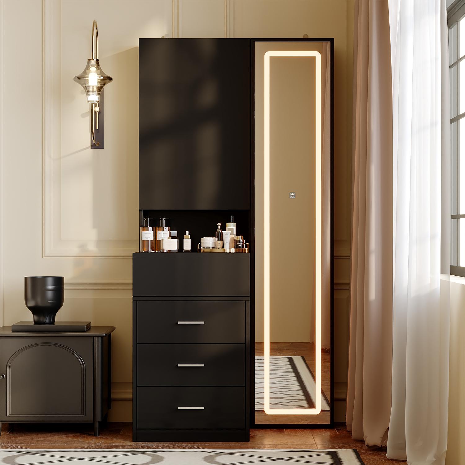 FUFU&GAGA Makeup Vanity Desk with Mirror and 3-Colors Lights, Dressing Table with 3 Drawers and Door Sliding Tabletop