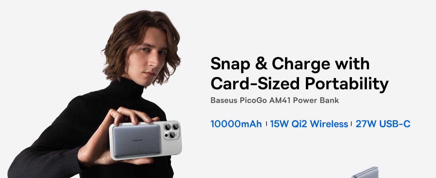 Baseus Picogo Magsafe Portable Charger, 0.5" Ultra Slim Qi2 Certified 15W Wireless Power Bank, 10000mAh 27W Fast Charging Magnetic Battery Pack with USB-C Cable for iPhone 16/15/14/13/12 Series Only