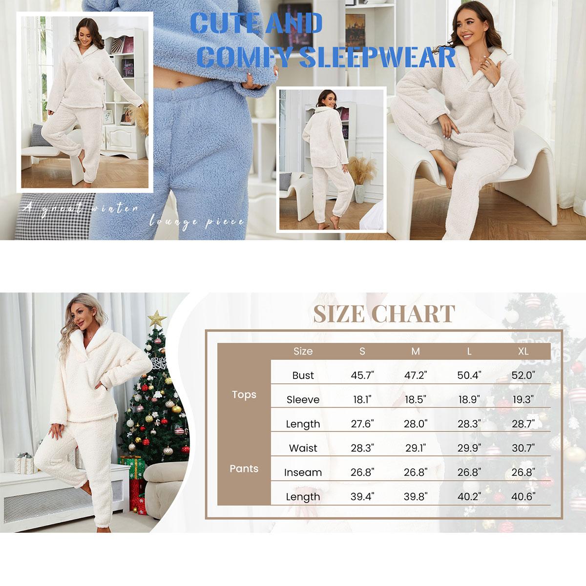 Yeokou Women's Fluzzy Sherpa Fleece Pajamas Warm Pullover Lapel Sleepwear Sets