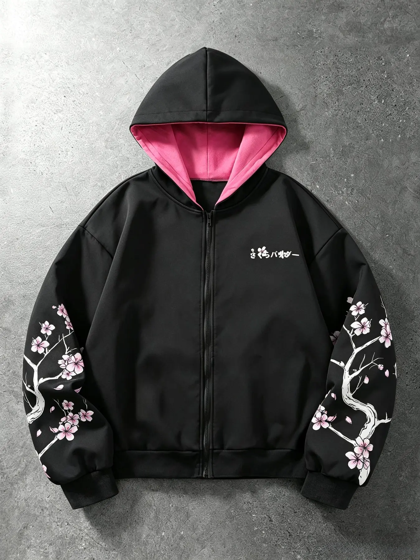 Cherry Blossom Print Zipper Hoodie Jacket, Outer Layer + Wool Fleece Lining, Anime Street Style, Casual Daily Wear