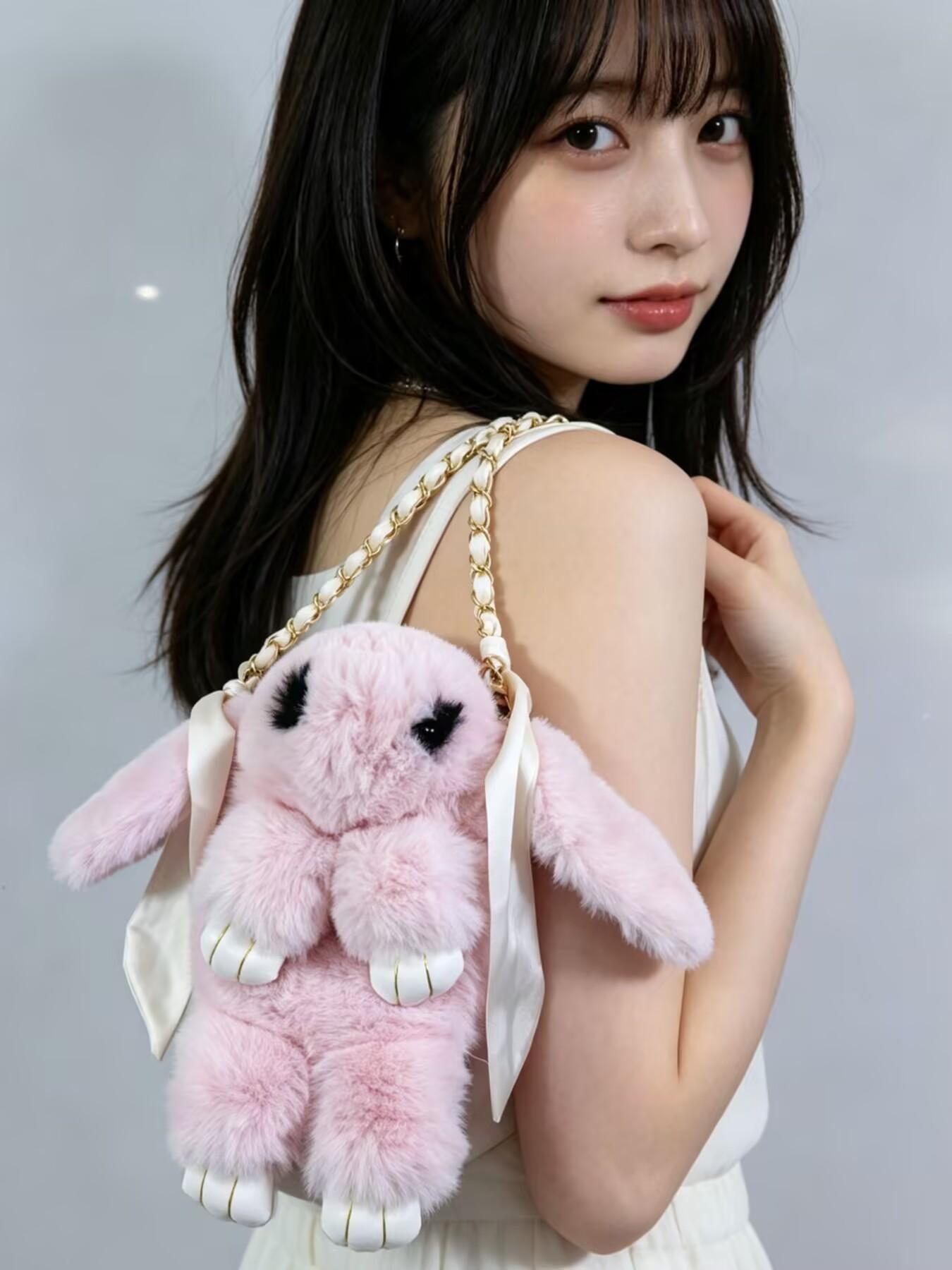 Original Handmade Rope Chain Ears Rabbit Plush Crossbody Bag, Cute Animal Pattern, All Seasons, Single Shoulder Bag, Rhombus Chain Design