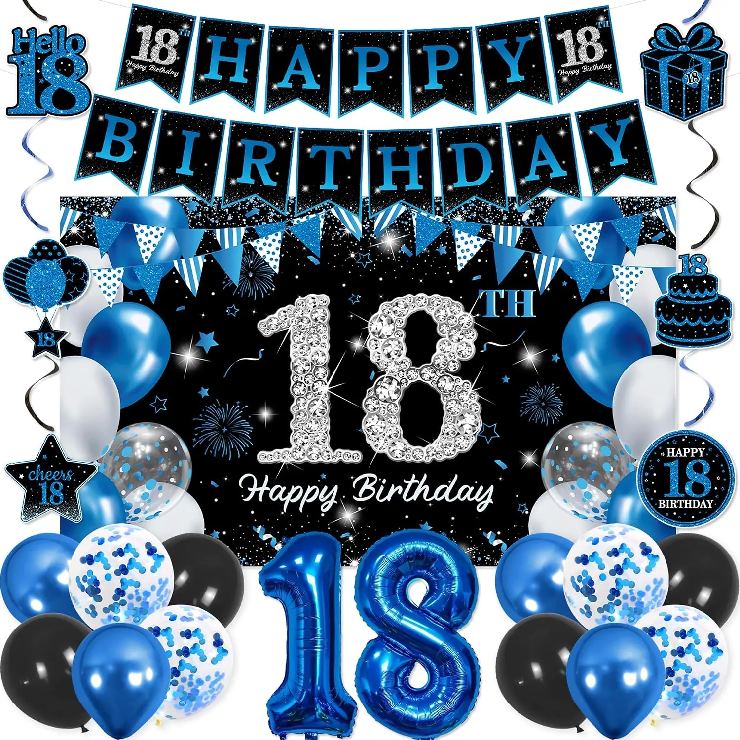 Vlipoeasn Blue Silver 18th Birthday Decorations for Girls Boys, Happy 18th Birthday Party Kit with Backdrop Banner, Number 18 Balloon, 18 Year Old Party Supplies