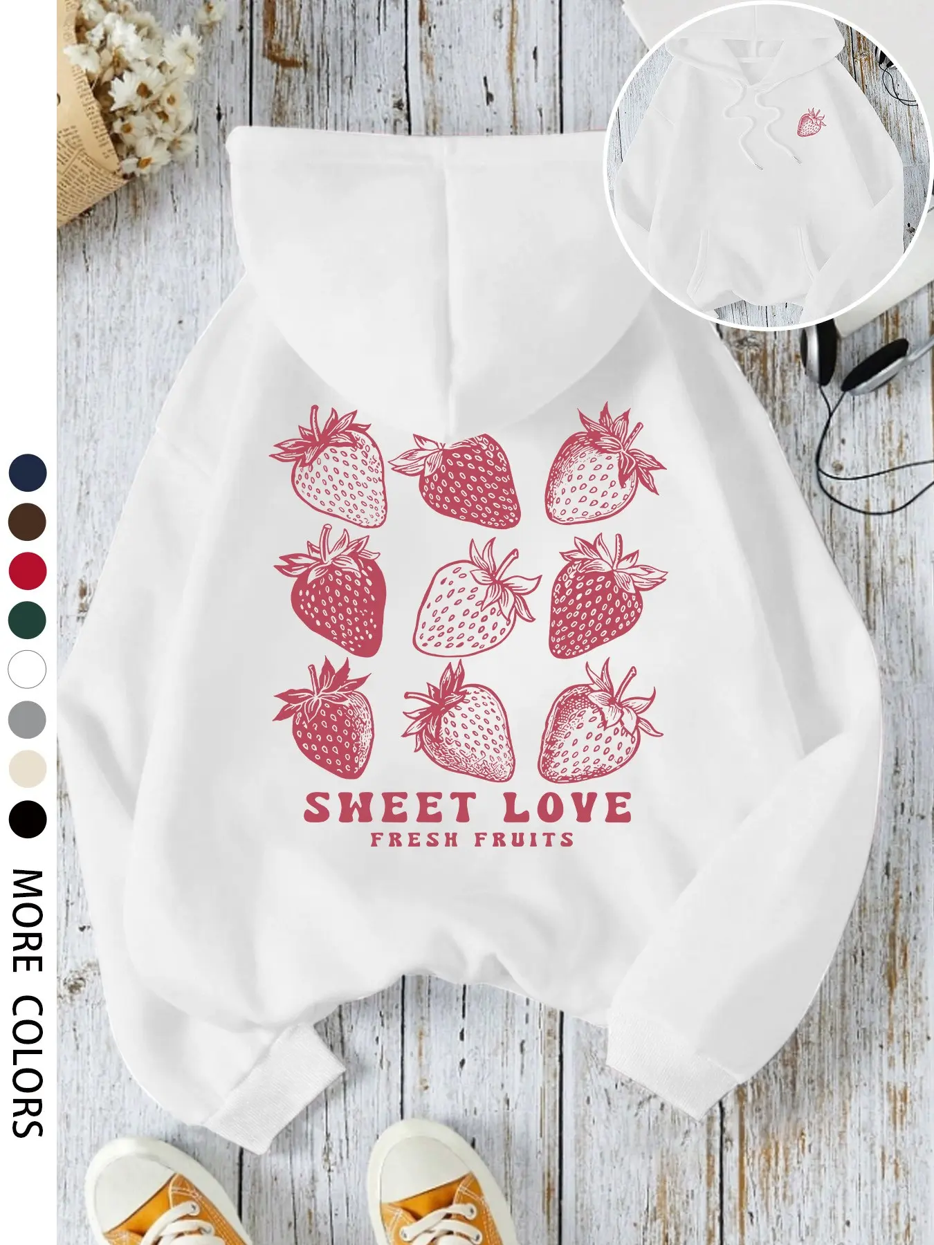 Women's Casual Hooded Sweatshirt with Drawstring Pockets, Strawberry Print, Long Sleeve, Fall & Winter Fashion, Comfortable and Stylish