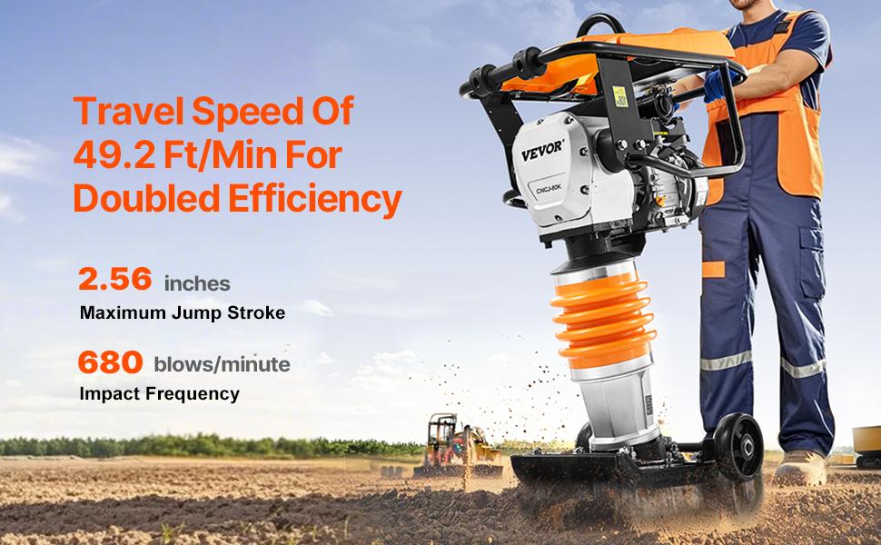 VEVOR Jumping Jack Compactor, 6.5 HP Vibratory Rammer Fuel-Powered 196 cc Engine Tamper, 3600 lbs Impact Force, 26 Max Compaction Depth, Four-Spring, for Soil, Gravel, Concrete Slabs, Foundations