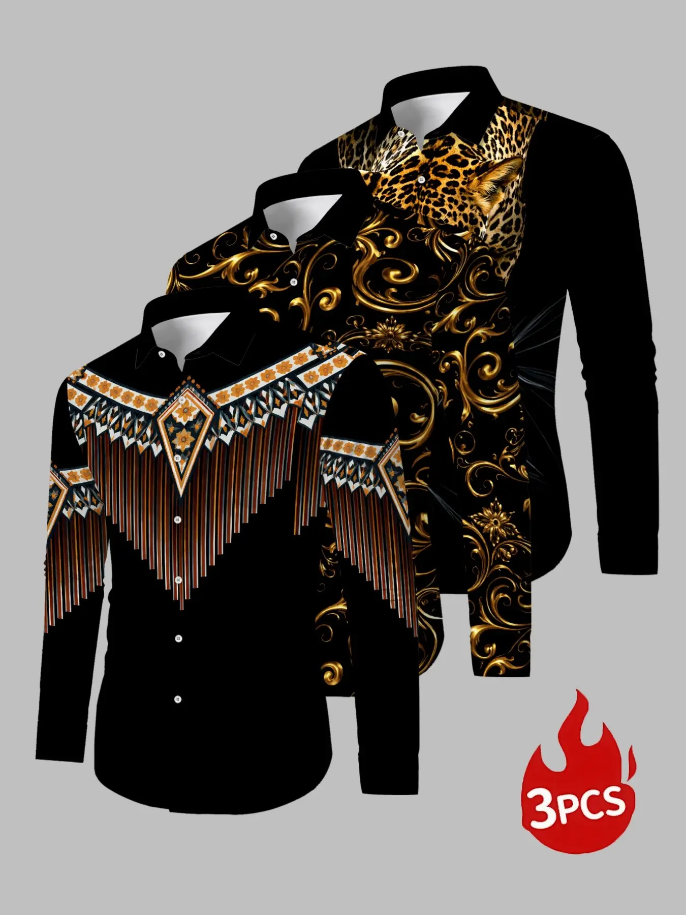 3-Pack Men's Long Sleeve Button Shirt, Western Leopard Print, Gold Scroll, Tribal Fringe, Fall Party, Streetwear, Casual Loose Fit