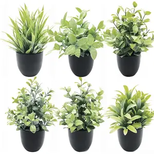 1 Set (6 Pcs) Mini Artificial Potted Plants, Artificial Greenery, House Plants Decor, Spring Grass + Bean Leaves + Monk Grass + Snake Bamboo + Rose Leaves Bonsai, Suitable for Desktops, Bookshelves, Living Rooms
