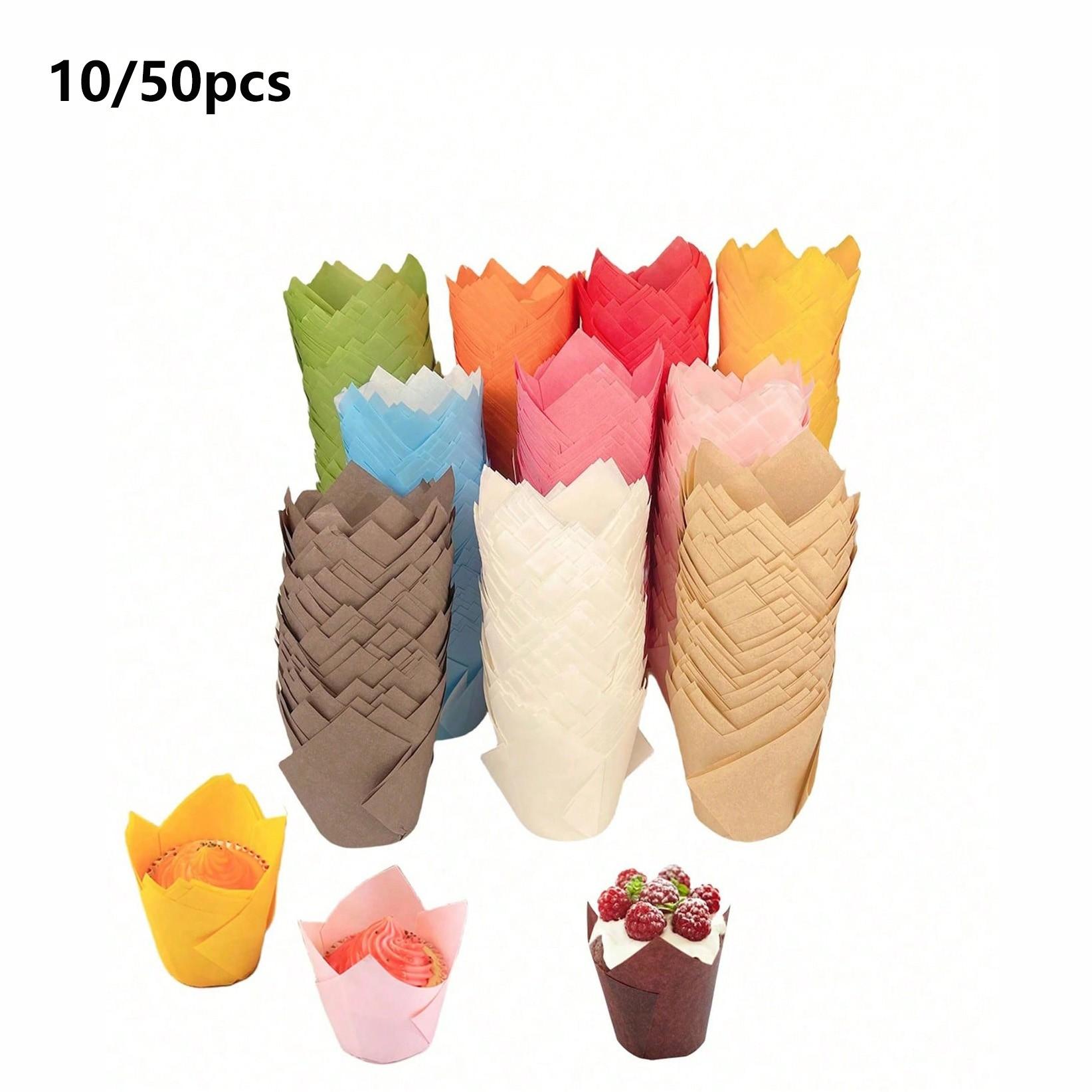 10/50pcs Tulip Paper Cupcake Liners, Muffin Cups, Flame Cups, Heat Resistant Baking Cups, Oil-Proof, Ideal for Holidays & Kitchen Storage