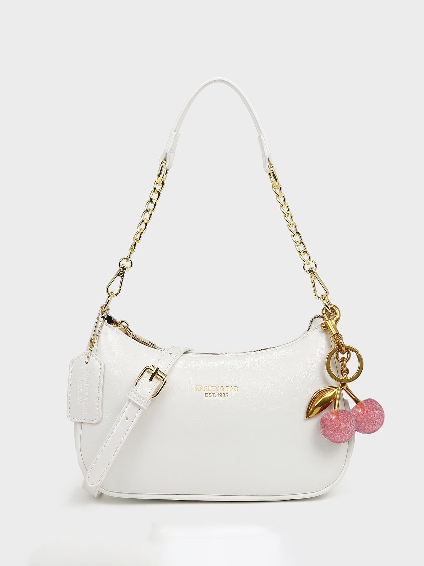 Autumn Winter Vintage Fashion Elegant Letter Pattern Shoulder Bag, Crescent Moon Crossbody Bag with Chain Strap, Cherry Pendant Decor, Handbag Shoulder Bag