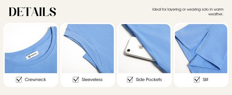 Wenrine Women's Summer Mini Dress Casual Loose Sleeveless Crewneck Slit Basic T Shirt Dresses with Pockets